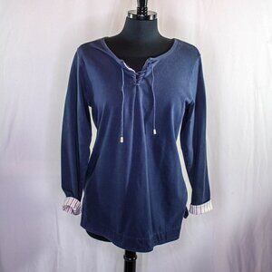 LL Bean Top Long Sleeve Cotton Blend Laced Henley Style Blue White Red S…
